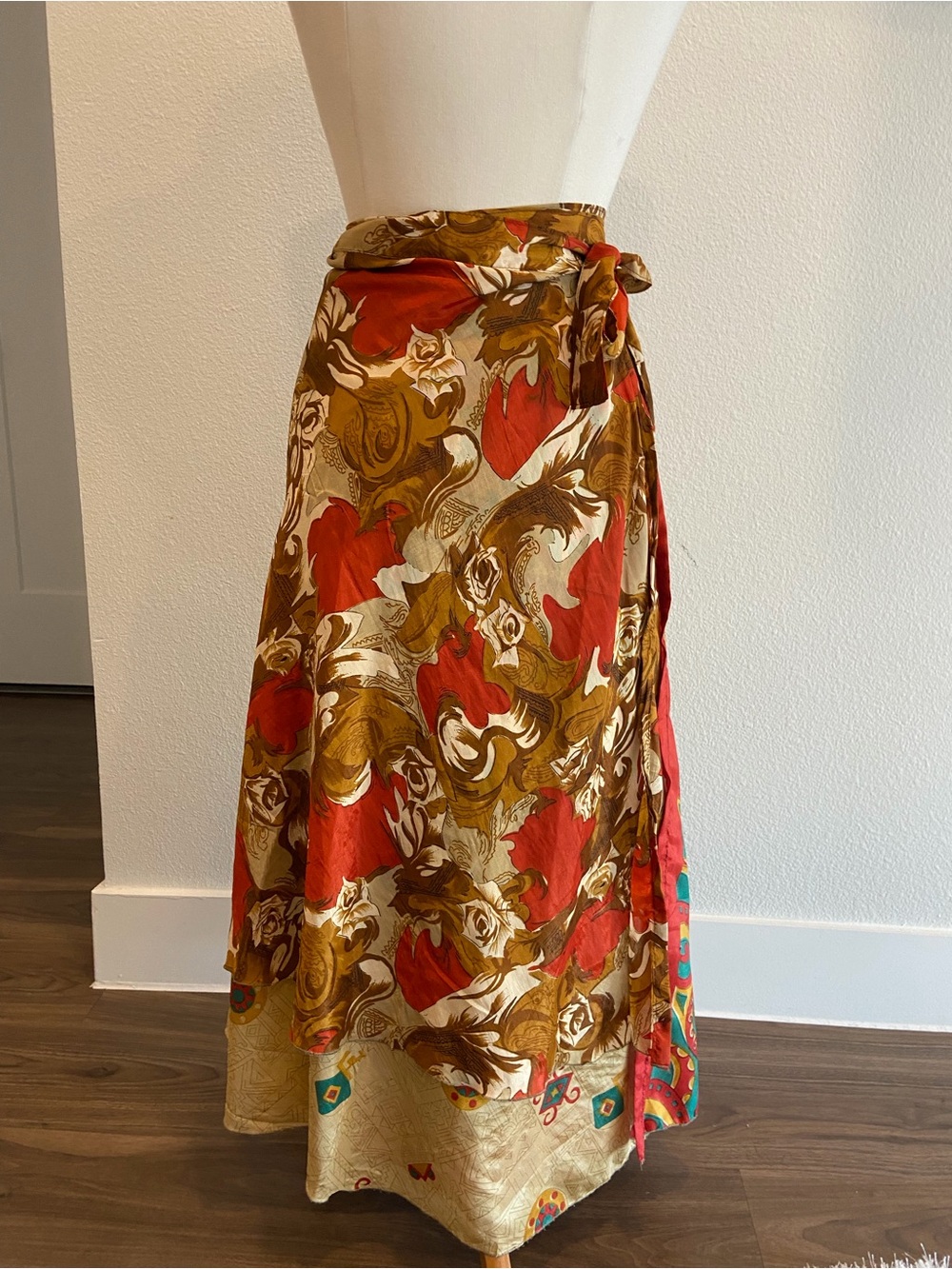Boho Reversible Wrap Maxi Skirt in Rust, Mustard & Cream